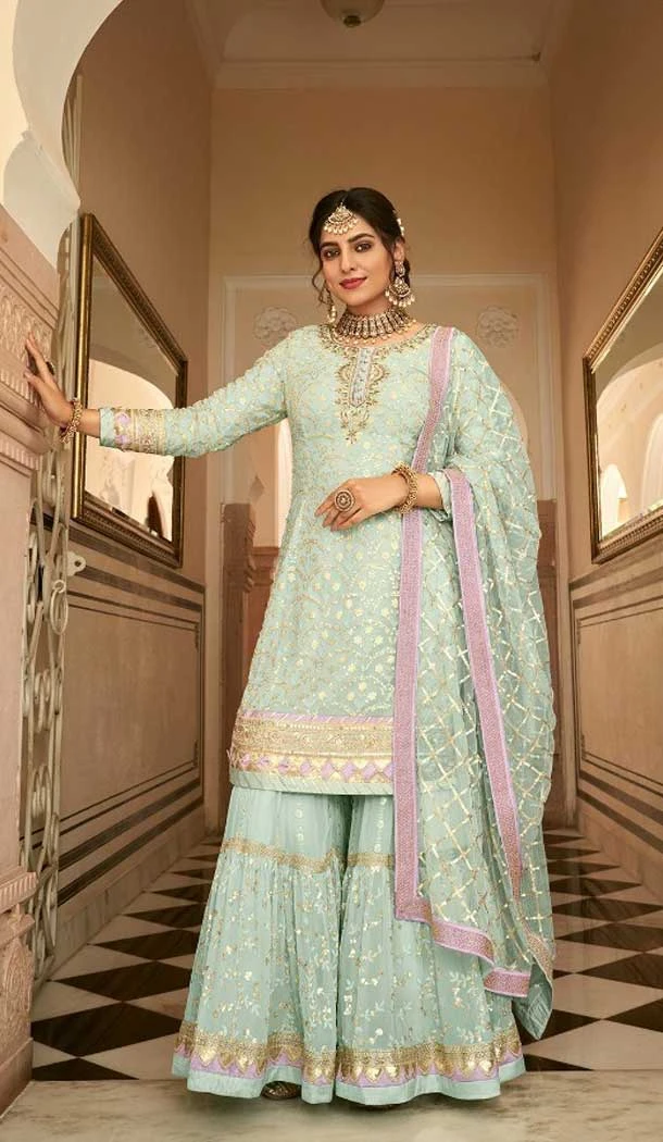Sky Blue Color Georgette Embroidery Designer Eid Party Wear Palazzo Suit -5255160766