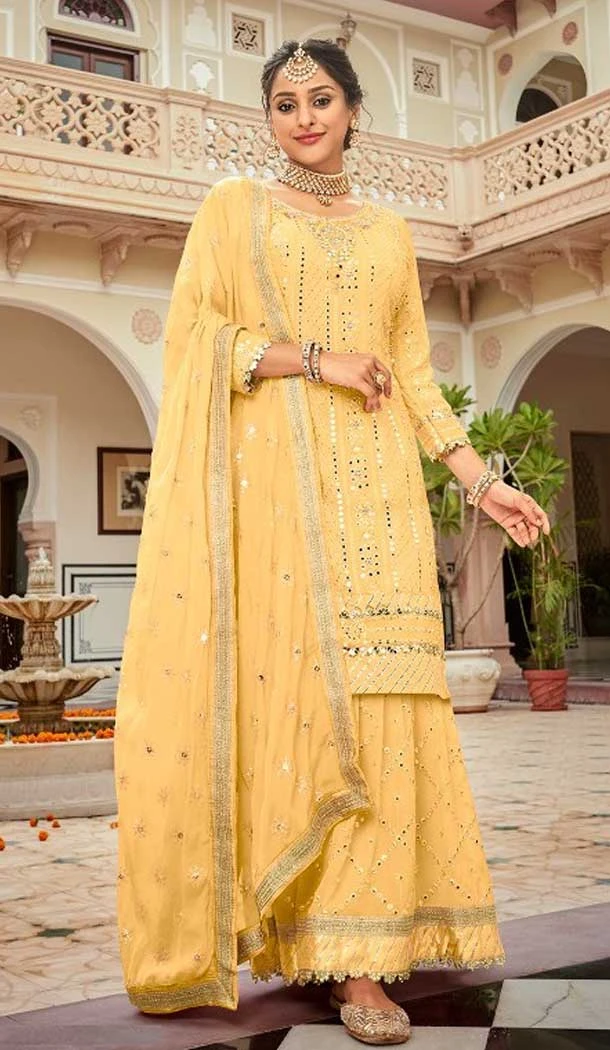 Yellow Color Georgette Embroidery Designer Eid Party Wear Palazzo Suit -5255160767