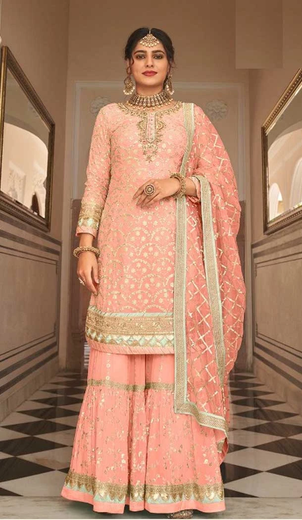 Peach Color Georgette Embroidery Designer Eid Party Wear Palazzo Suit -5255160768