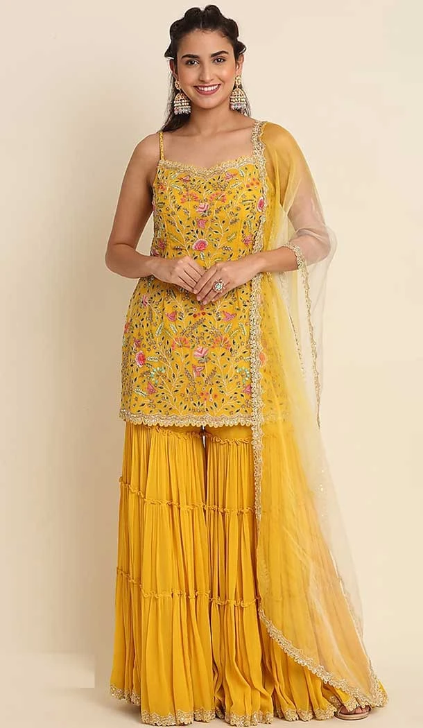 Georgette Stone Work Yellow Color Evening Party Wear Palazzo Suit -5257160773