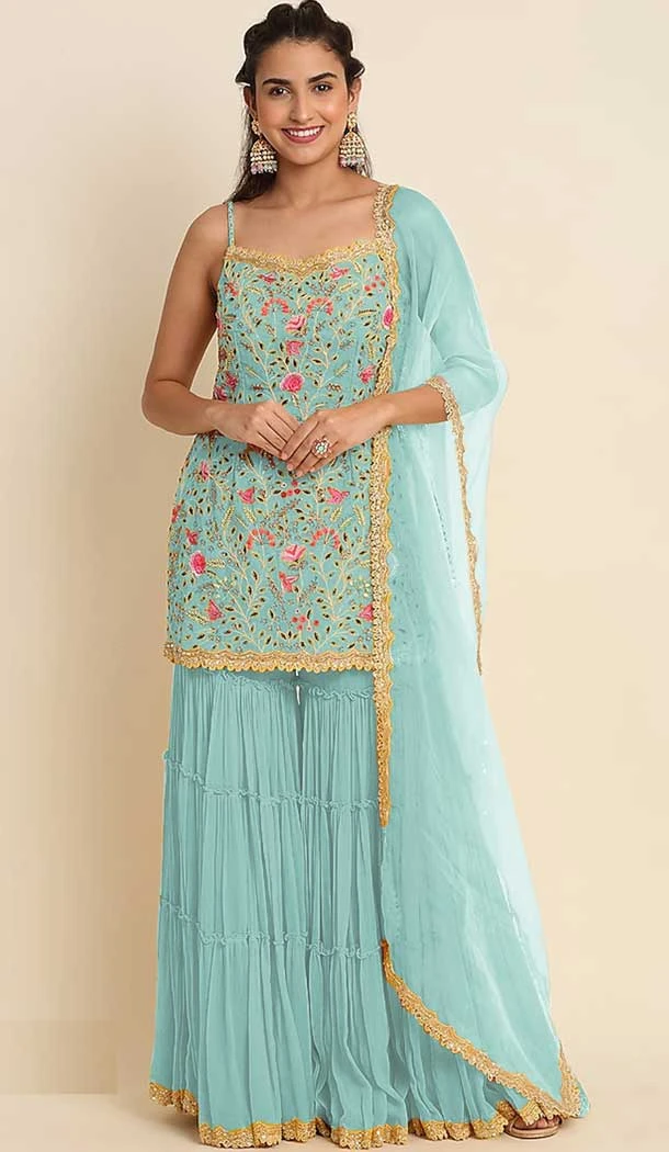 Georgette Stone Work Sky Blue Color Evening Party Wear Palazzo Suit -5257160774