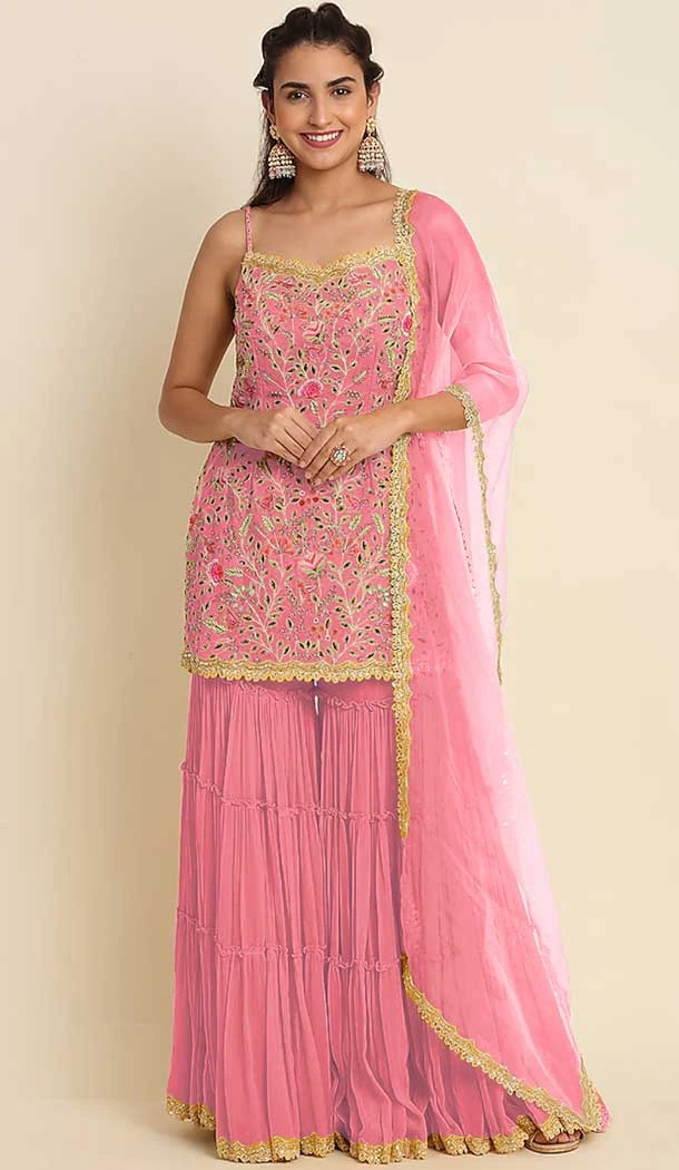 Georgette Stone Work Pink Color Evening Party Wear Palazzo Suit -5257160775