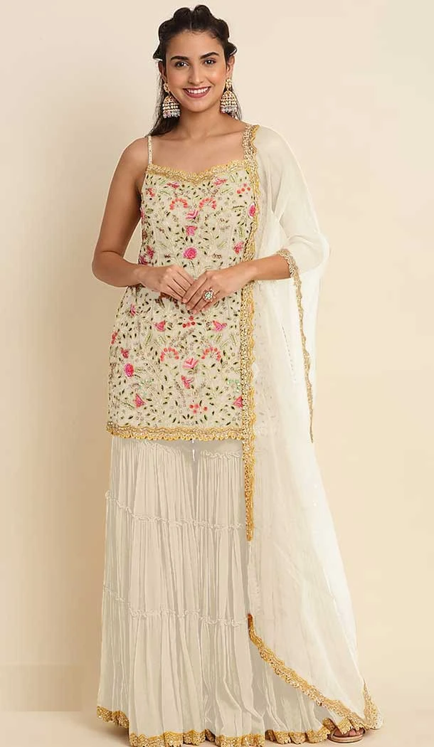 Georgette Stone Work Off White Color Evening Party Wear Palazzo Suit -5257160776