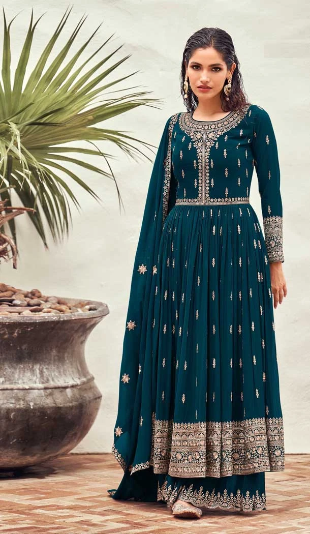 Teal Blue Color Georgette Embroidery Work Pakistani Style Palazzo Salwar Suit -5266160847