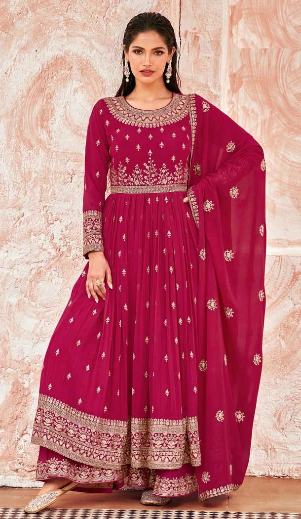 Pink Color Georgette Embroidery Work Pakistani Style Palazzo Salwar Suit -5266160848
