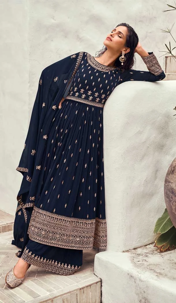 Navy Blue Color Georgette Embroidery Work Pakistani Style Palazzo Salwar Suit -5266160849