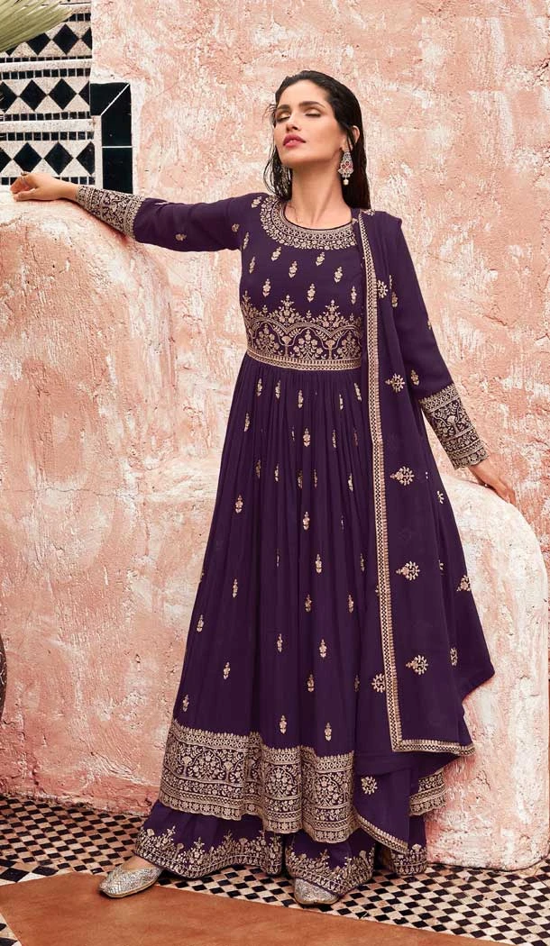 Purple Color Georgette Embroidery Work Pakistani Style Palazzo Salwar Suit -5266160850