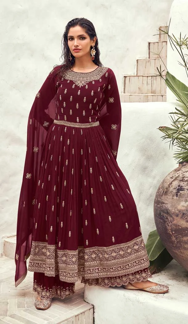 Maroon Color Georgette Embroidery Work Pakistani Style Palazzo Salwar Suit -5266160851