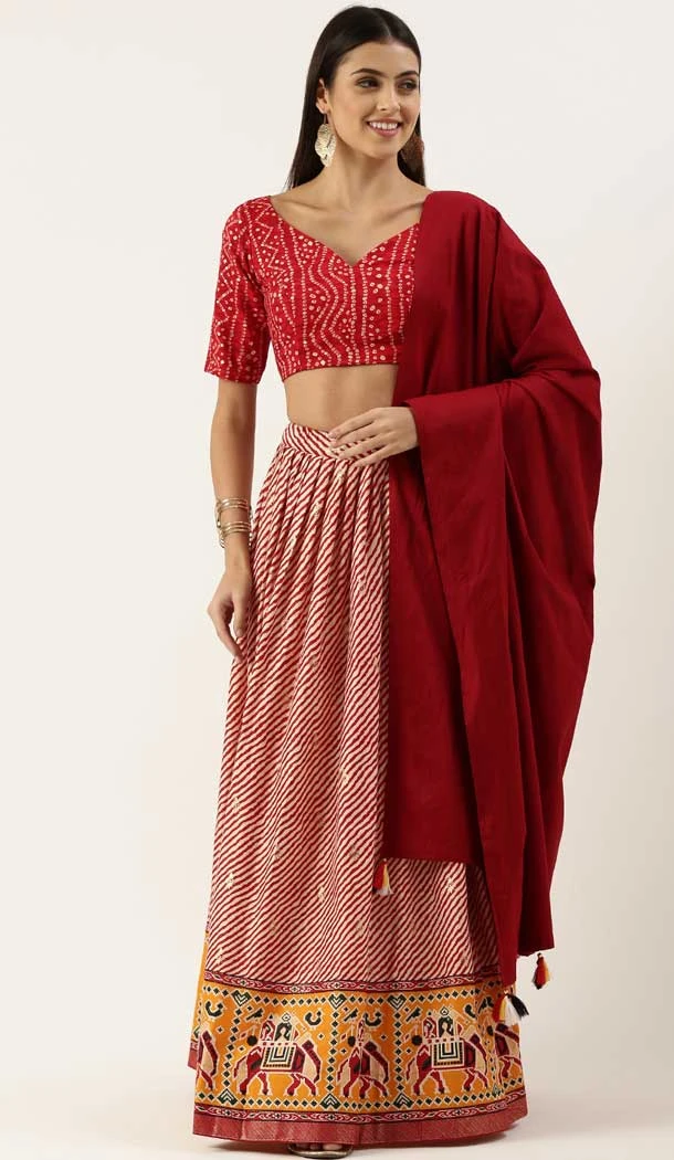 Dark Red Color Cotton Printed Traditional Party Wear Women Lehenega Choli -5271160869
