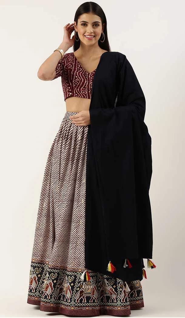 Classy Wine Color Cotton Printed Traditional Party Wear Women Lehenega Choli -5271160870