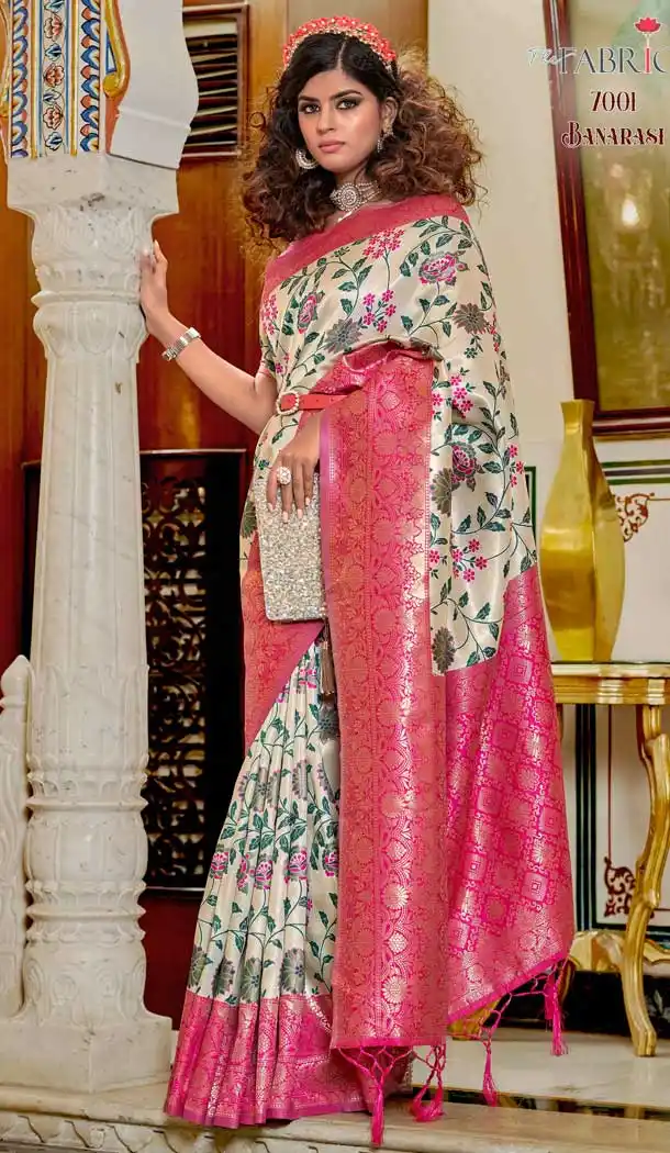 Banarasi Silk Jacquard Work Off White Color Tradtional Party Wear Saree Blouse -5275160919