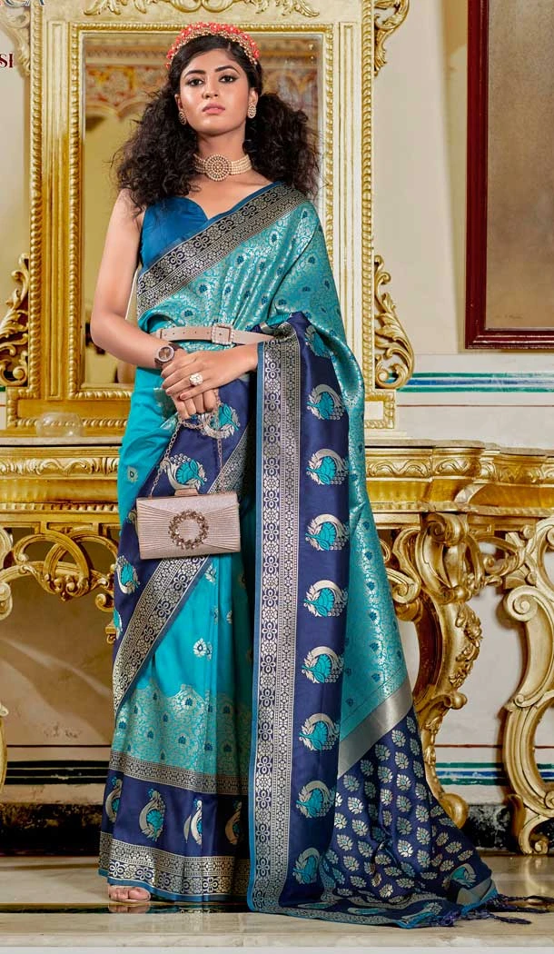 Banarasi Silk Jacquard Work Teal Blue Color Tradtional Party Wear Saree Blouse -5275160920 Banarasi Silk Jacquard Work Teal Blue Color Tradtional Party Wear Saree Blouse -5275160920