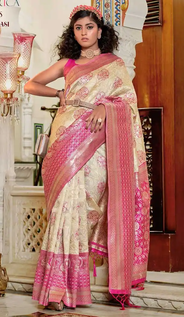 Banarasi Silk Jacquard Work Cream Color Tradtional Party Wear Saree Blouse -5275160923