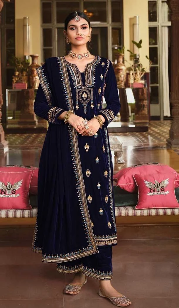 Navy Blue Color Velvet Embroidery Work Party Wear Women Salwar Kameez -5276160931