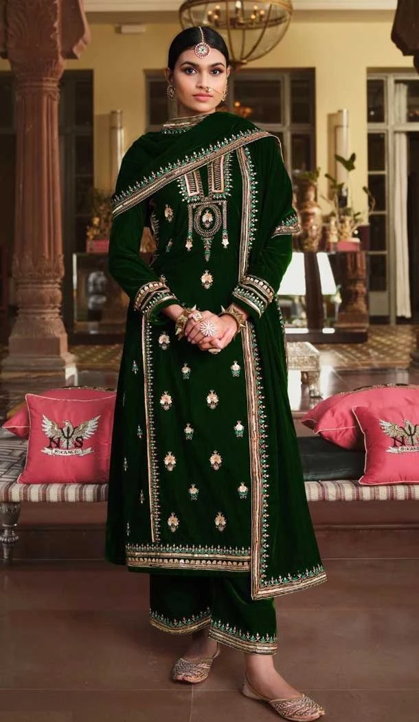 Exotic Green Color Velvet Embroidery Work Party Wear Women Salwar Kameez -5276160932