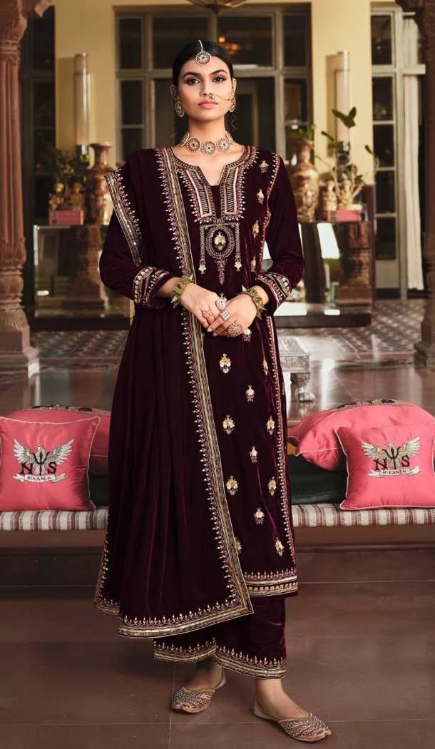 Maroon Color Velvet Embroidery Work Party Wear Women Salwar Kameez -5276160933