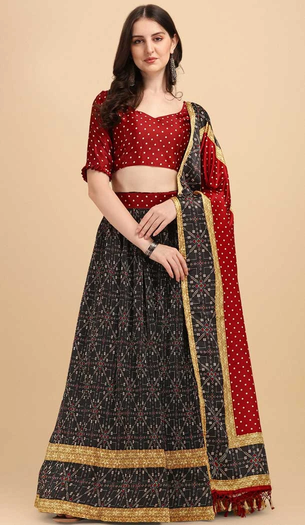 Black Color Satin Digital Print Work Traditional Party Wear Lehenga Choli -5286160986