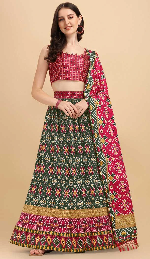 Ethnic Green Color Satin Digital Print Work Traditional Party Wear Lehenga Choli -5286160987