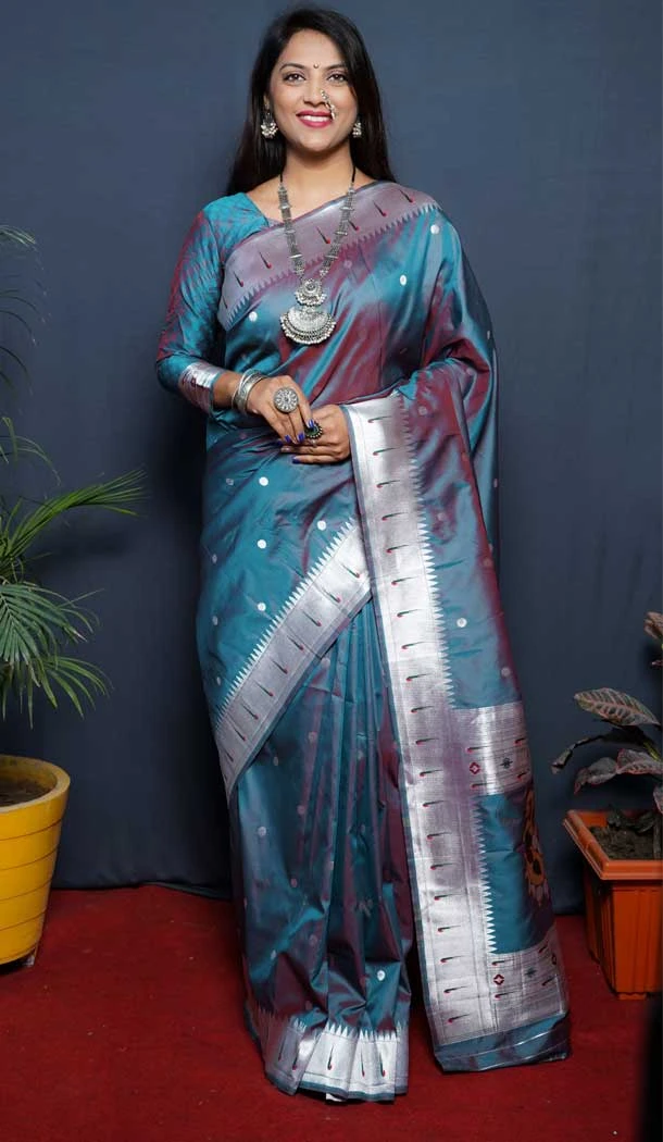 Teal Blue Color Soft Paithani Silk Jacquard Work Tradtional Wear Saree Blouse -5290161014