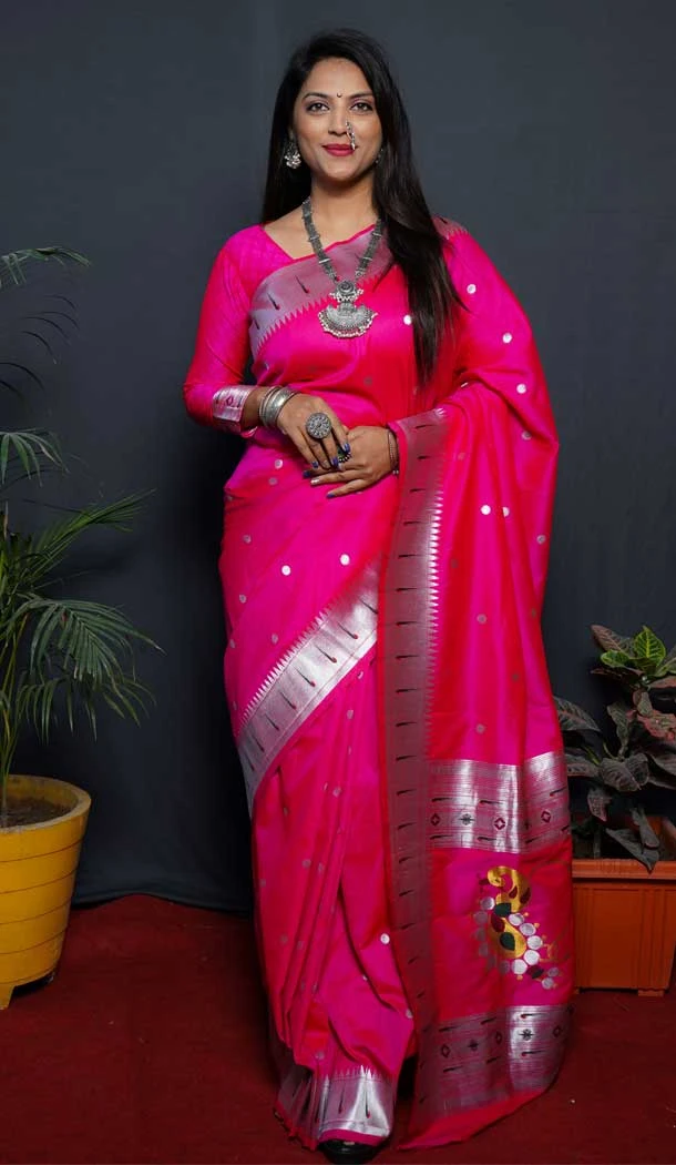 Rani Pink Color Soft Paithani Silk Jacquard Work Tradtional Wear Saree Blouse -5290161017