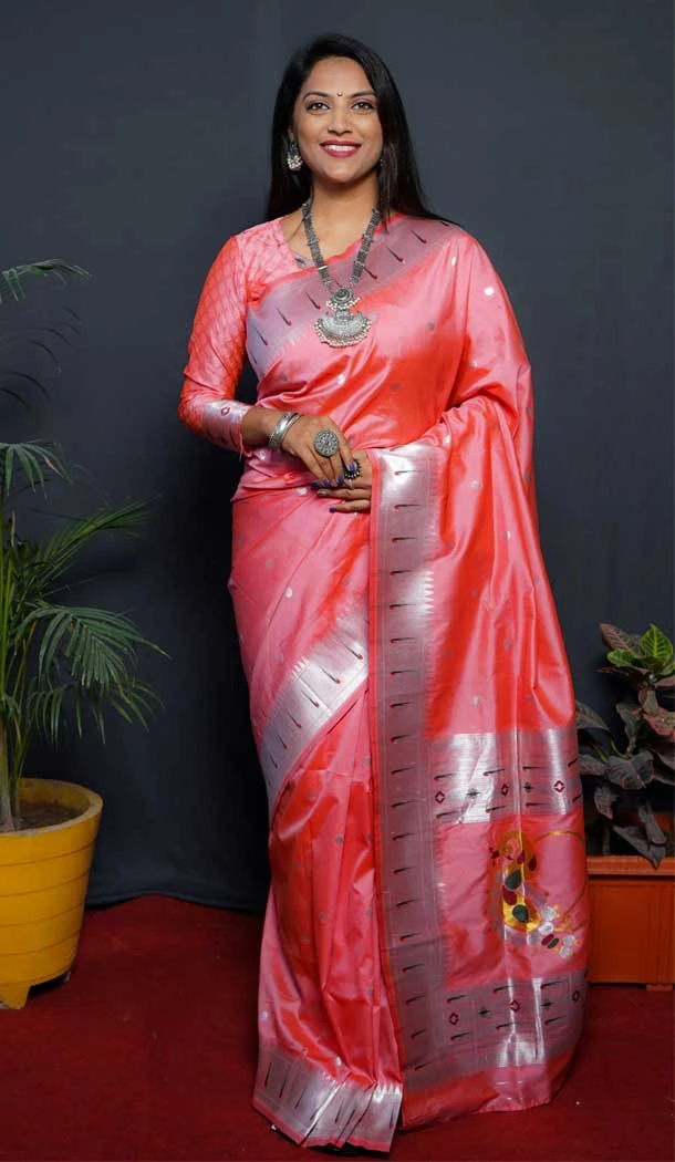 Pink Color Soft Paithani Silk Jacquard Work Tradtional Wear Saree Blouse -5290161018