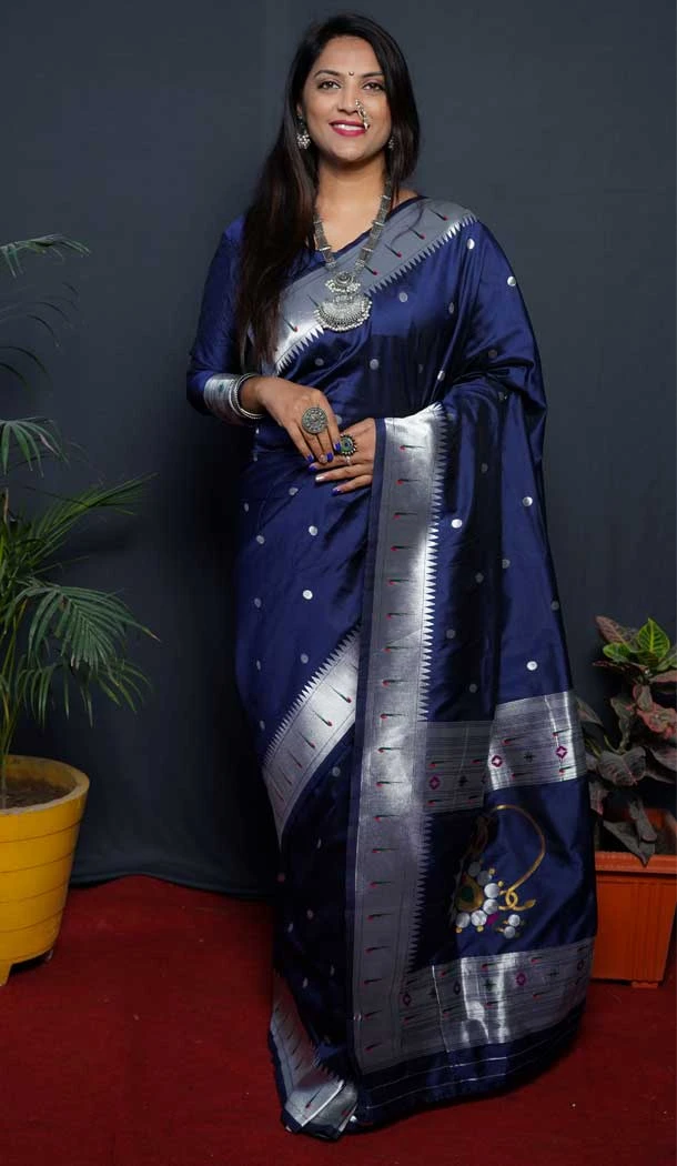 Navy Blue Color Soft Paithani Silk Jacquard Work Tradtional Wear Saree Blouse -5290161020