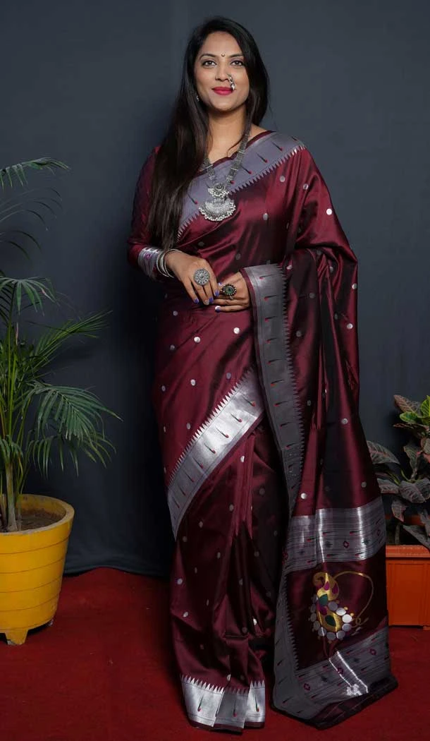 Maroon Color Soft Paithani Silk Jacquard Work Tradtional Wear Saree Blouse -5290161021
