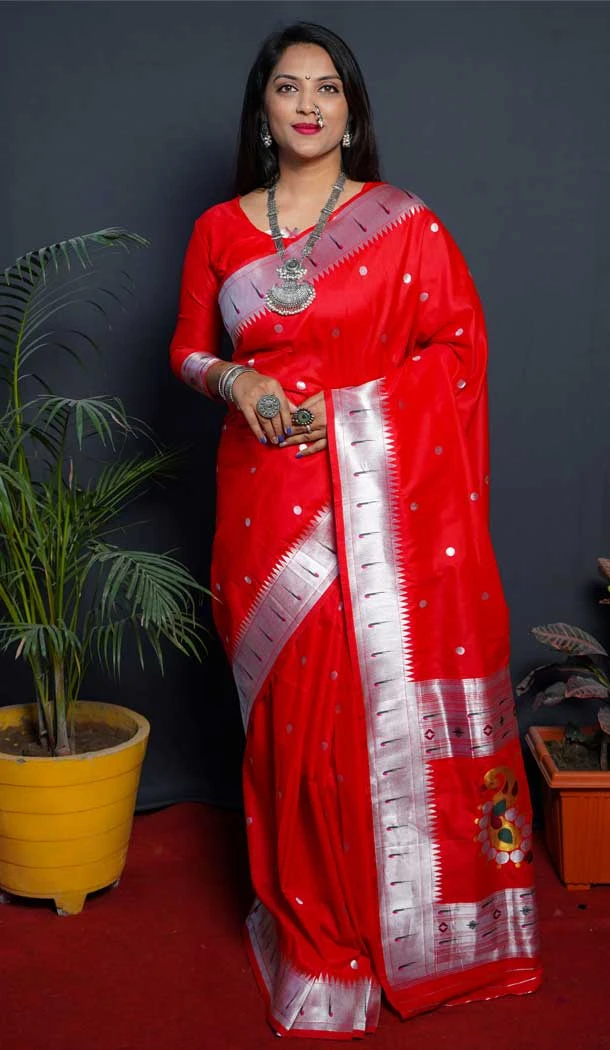 Red Color Soft Paithani Silk Jacquard Work Tradtional Wear Saree Blouse -5290161022