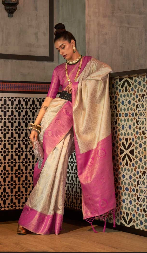 Beige Color Weaving Silk Tradtional Party Wear Women Saree Blouse -5303161123