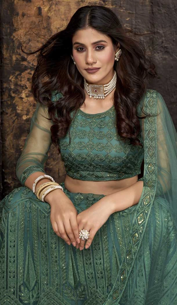 Pista Color Net Embroidered Work Traditional Party Wear Plus Size Lehenga Choli -5309161163
