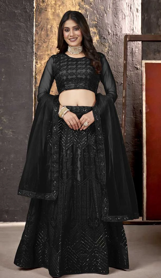 Black Color Net Embroidered Work Traditional Party Wear Plus Size Lehenga Choli -5309161165