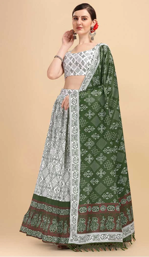 White & Green Color Satin Digital Print Traditional Party Wear Lehenga Choli -5316161209
