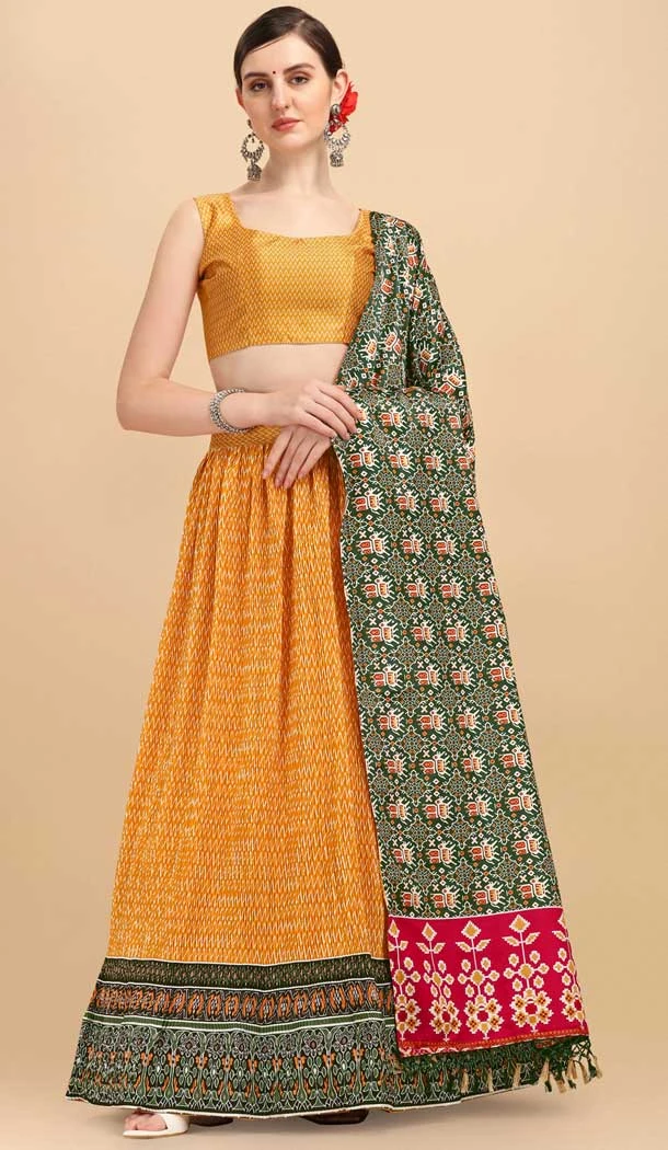 Mustard Color Satin Digital Print Traditional Party Wear Lehenga Choli -5316161210