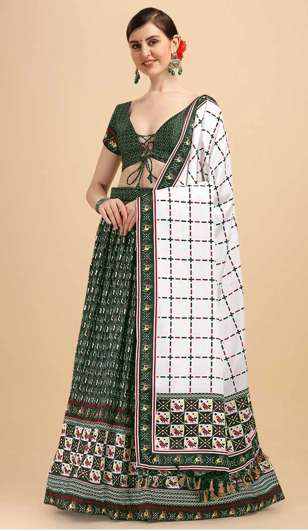 Dark Green Color Satin Digital Print Traditional Party Wear Lehenga Choli -5316161212