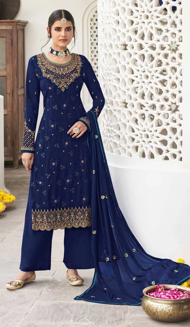 Navy Blue Color Georgette Embroidery Work Pakistani Style Salwar Kameez -5326161328