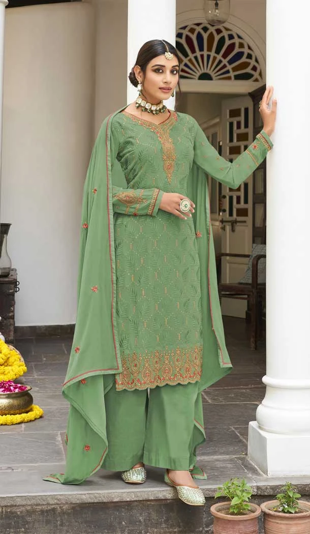 Pista Color Georgette Embroidery Work Pakistani Style Salwar Kameez -5326161330
