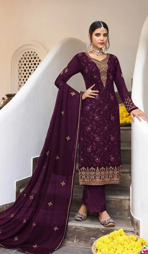 Wine Color Georgette Embroidery Work Pakistani Style Salwar Kameez -5326161332