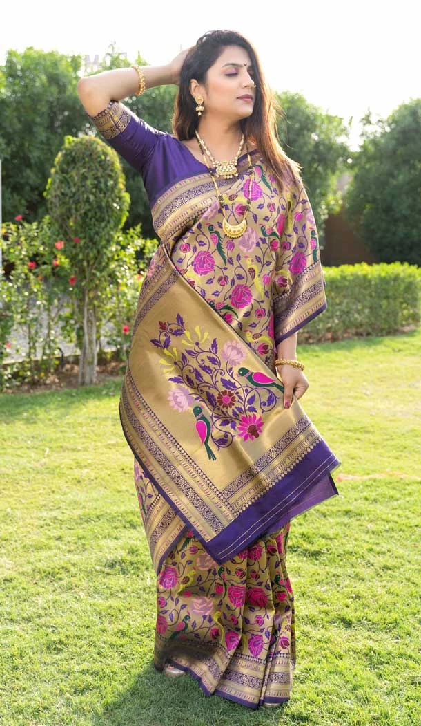 Navy Blue Color Banarasi Paithani Silk Jacquard Work Traditional Wear Saree -5328161340