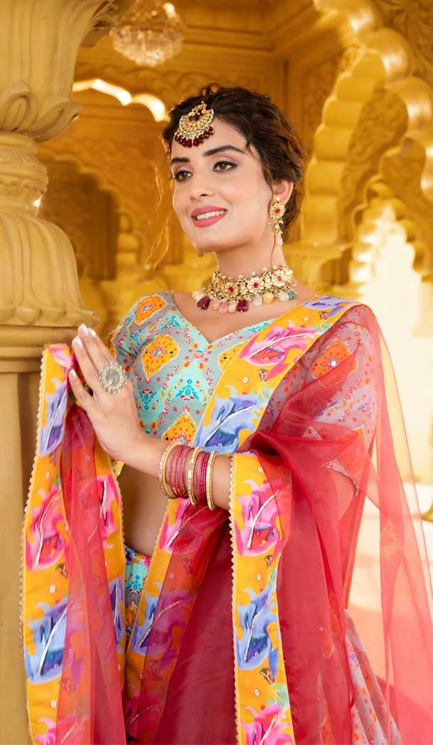 Sky Blue Color Vaishali Silk Real Mirror Work Designer Plus Size Lehenga Choli -5338161467