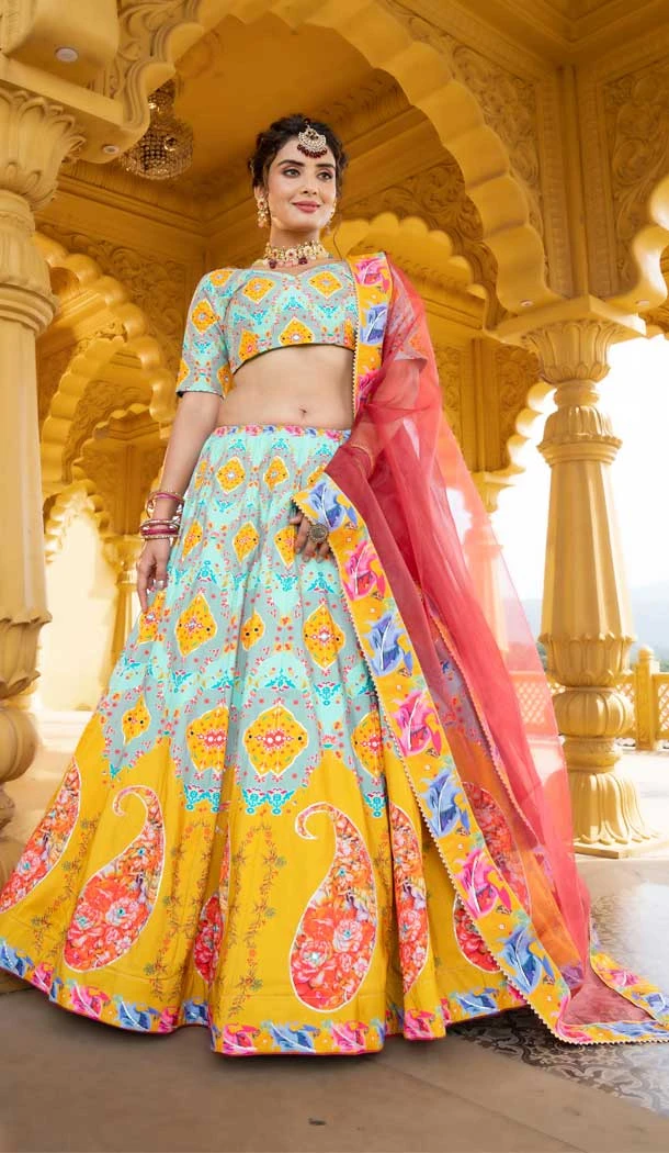 Sky Blue Color Vaishali Silk Real Mirror Work Designer Plus Size Lehenga Choli -5338161467