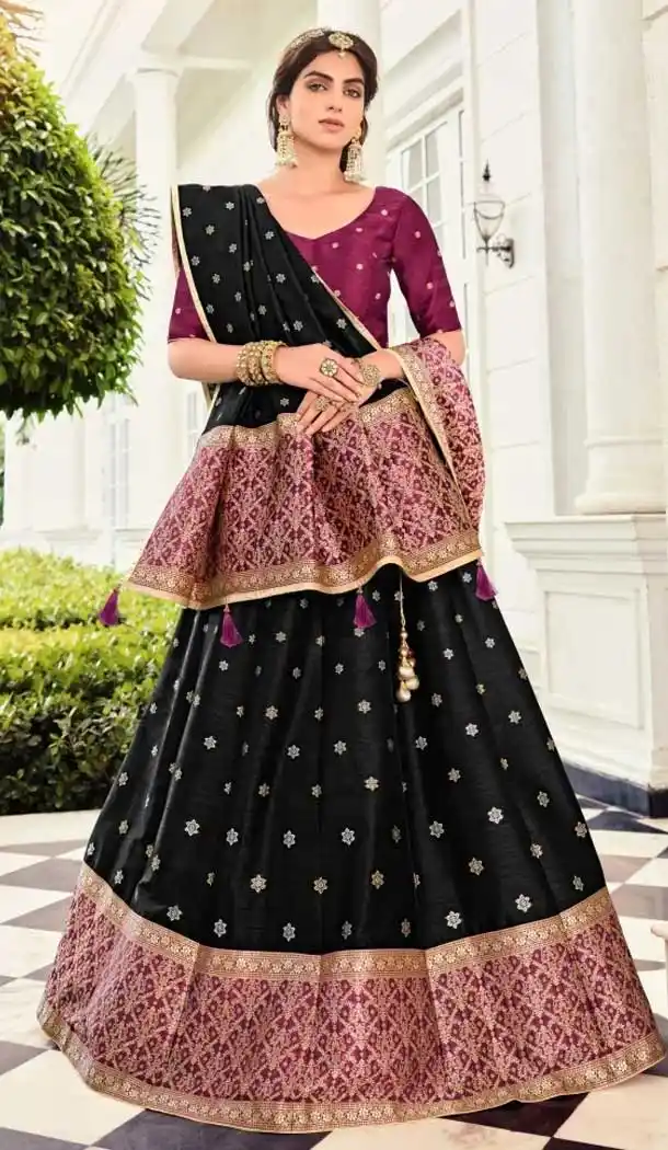 Black Color Banarasi Silk Jacquard Work Party Wear Lehenga Choli -5340161476