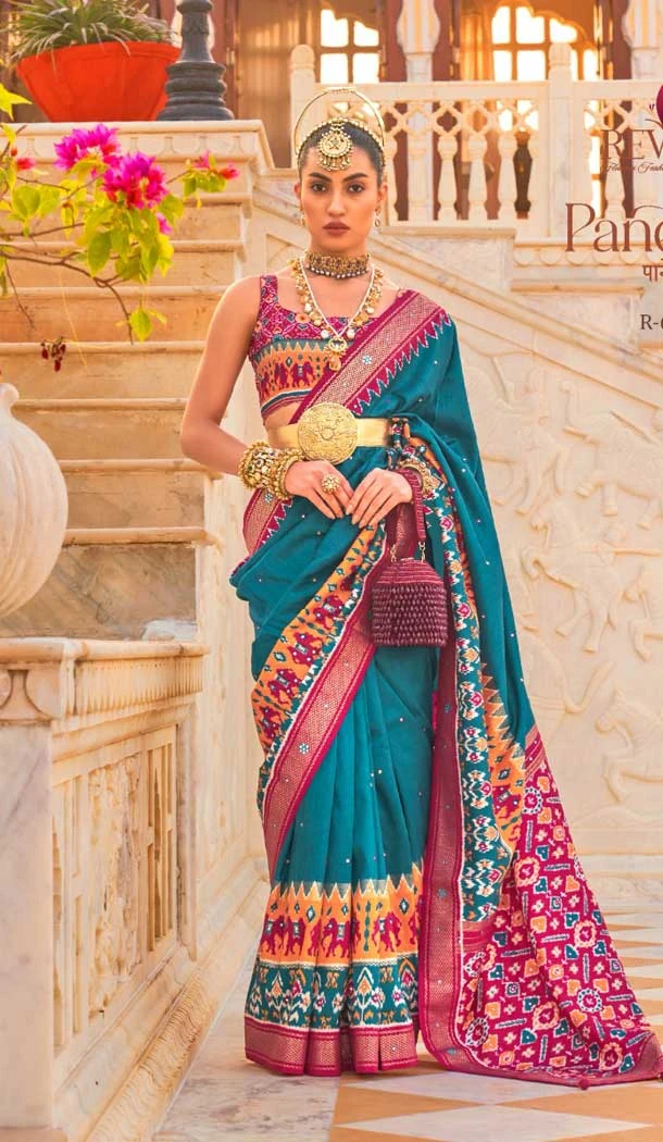Teal Blue Color Smooth Silk Print And Hand Work Designer Saree -5371161671