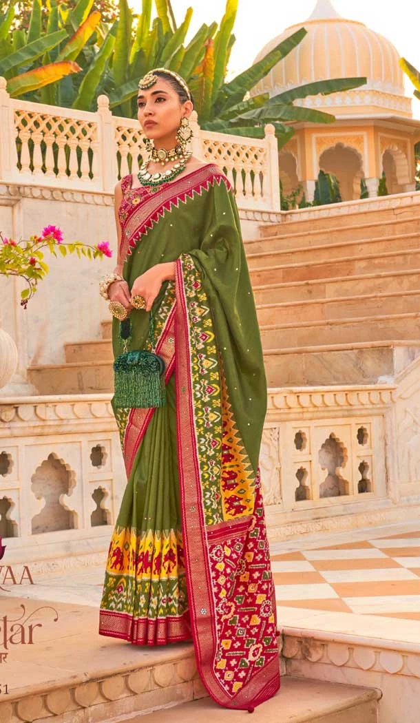 Olive Green Color Smooth Silk Print And Hand Work Designer Saree -5371161676