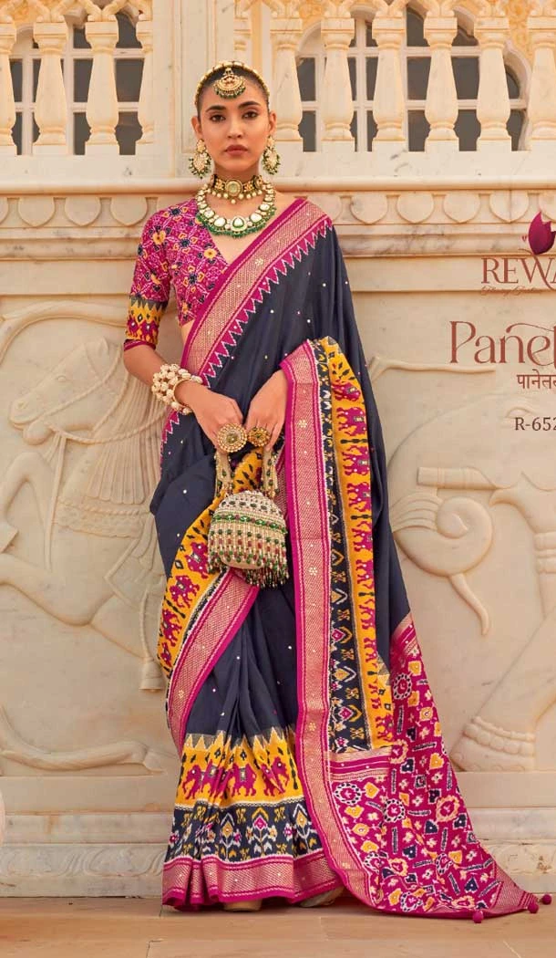 Navy Blue Color Smooth Silk Print And Hand Work Designer Saree -5371161677