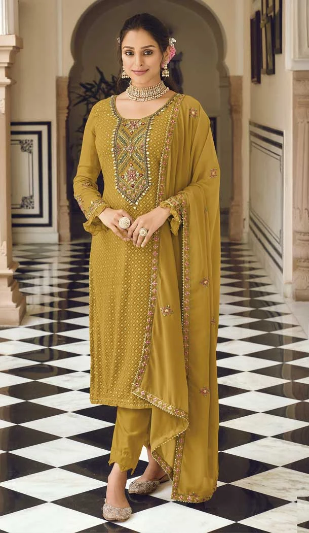 Yellow Color Faux Georgette Mirror And Sequins Work Partyl Wear Salwar Kameez -5375161704