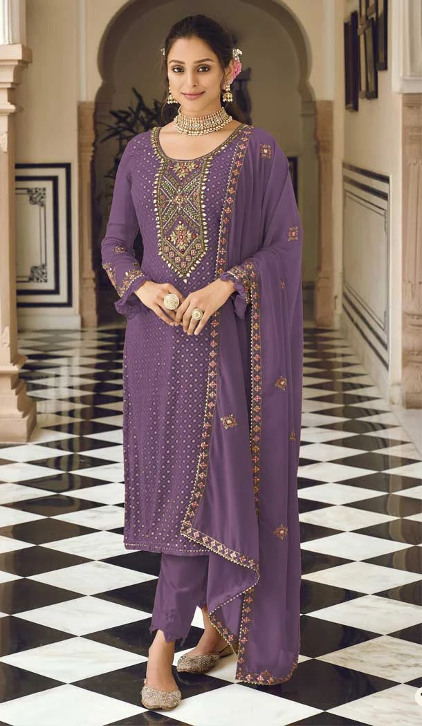 Lavender Color Faux Georgette Mirror And Sequins Work Partyl Wear Salwar Kameez -5375161705