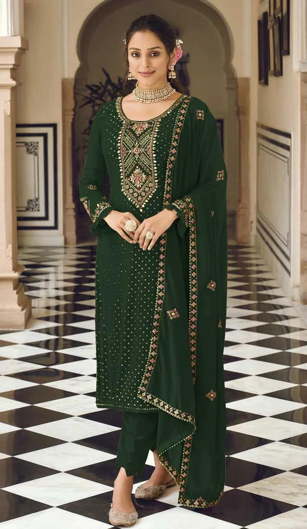 Green Color Faux Georgette Mirror And Sequins Work Partyl Wear Salwar Kameez -5375161706