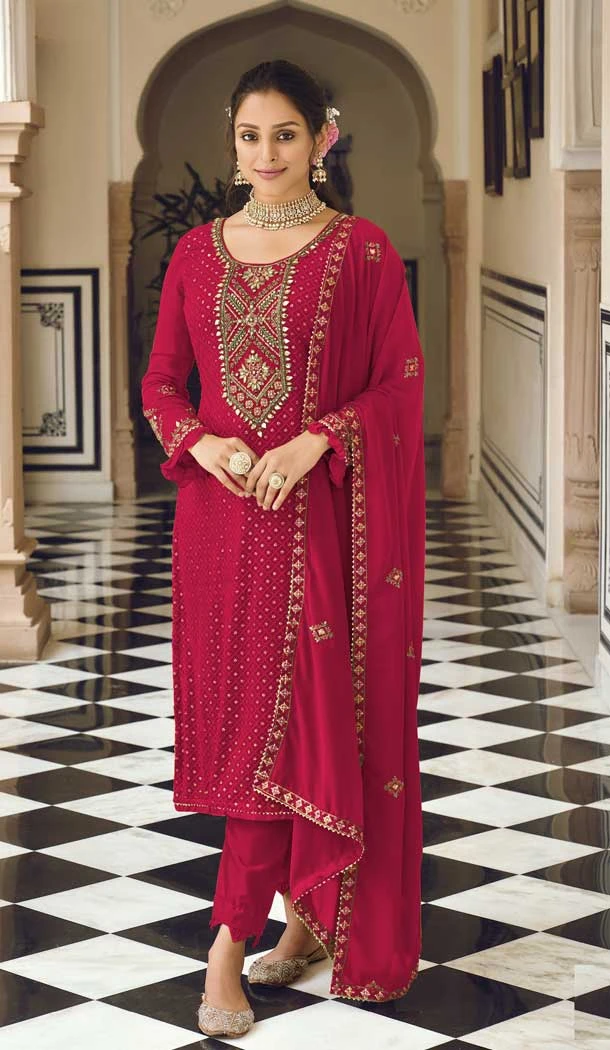 Red Color Faux Georgette Mirror And Sequins Work Partyl Wear Salwar Kameez -5375161707