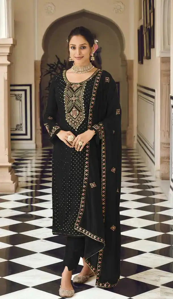 Black Color Faux Georgette Mirror And Sequins Work Partyl Wear Salwar Kameez -5375161709