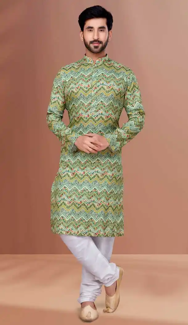 Green Color Cotton Digital Print Work Festival Wear Men's Kurta Pajama -5401161854